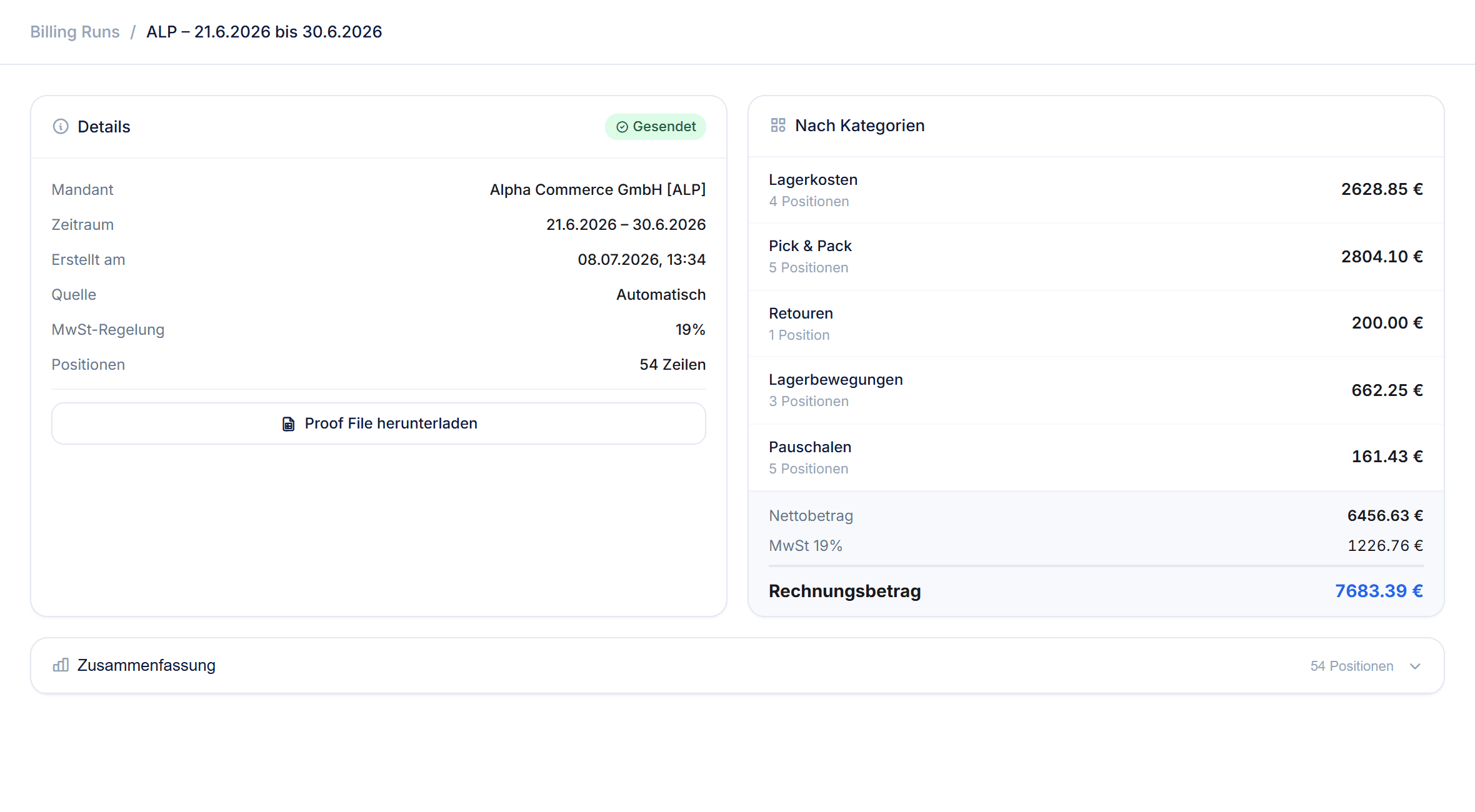 Opervio Billing-Run-Detail: Kategorien-Zusammenfassung, Prüfstatus und Rechnungsbetrag (Demo-Umgebung, Beispieldaten)