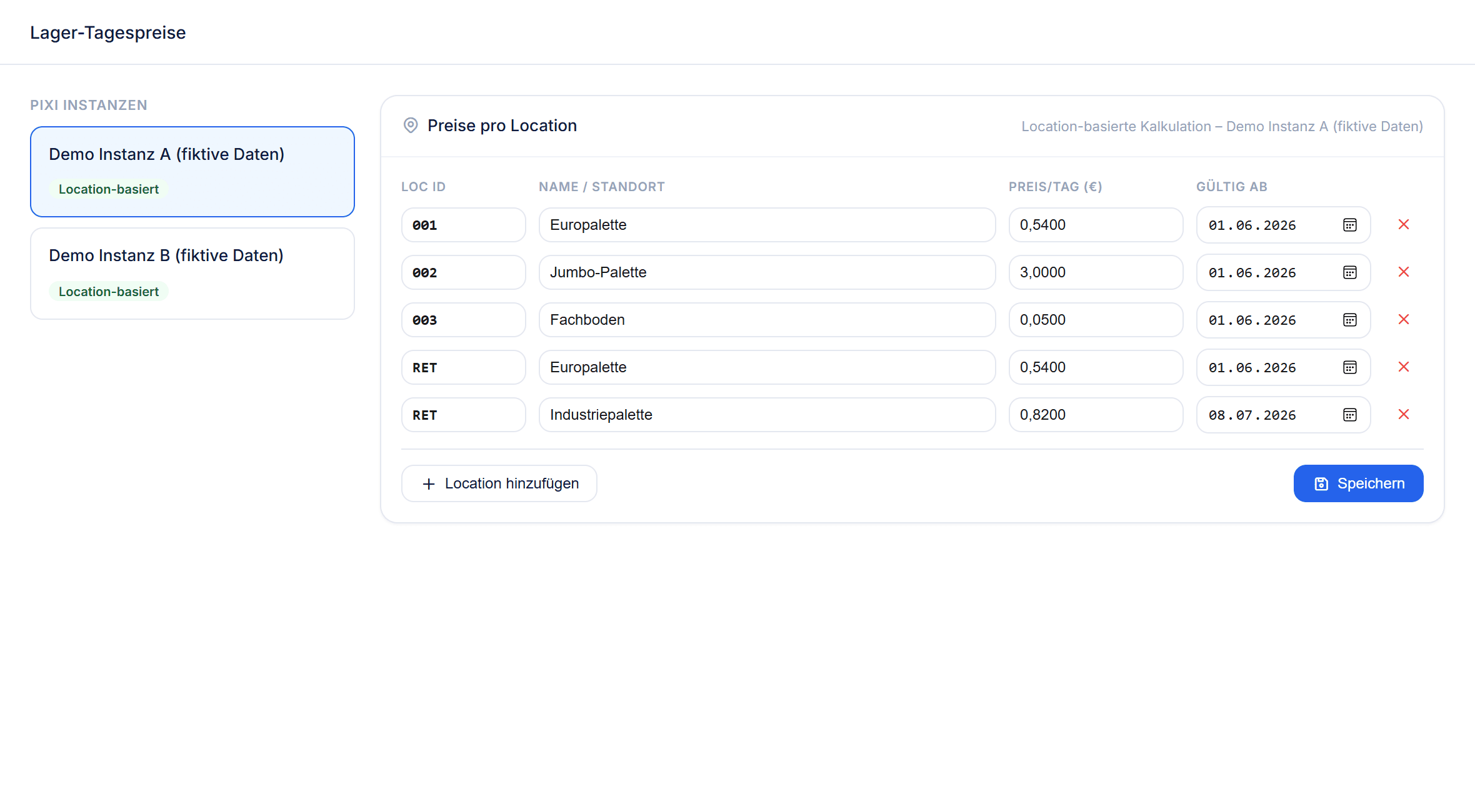 Opervio Lager-Tagespreise: Preise pro Location mit Gültigkeitsdatum (Demo-Umgebung, Beispieldaten)