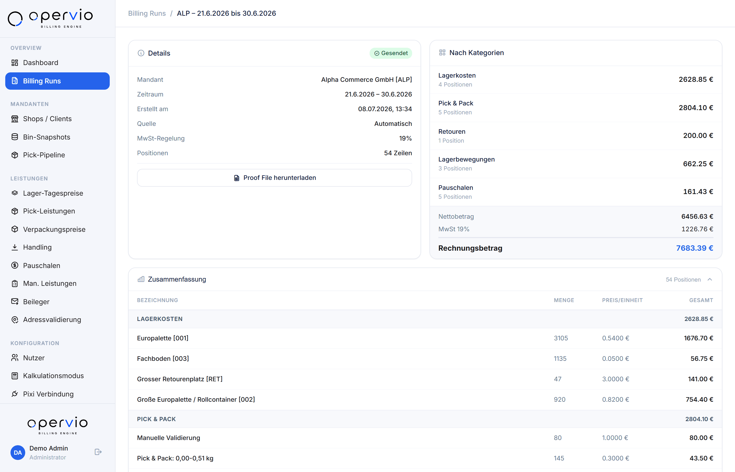 Echte Opervio-Produktansicht: Billing Run mit aufgeklappter Zusammenfassung — Einzelpositionen für Lagerkosten und Pick & Pack mit Mengen, Einzelpreisen und Kategoriesummen (Demo-Umgebung mit Beispieldaten)